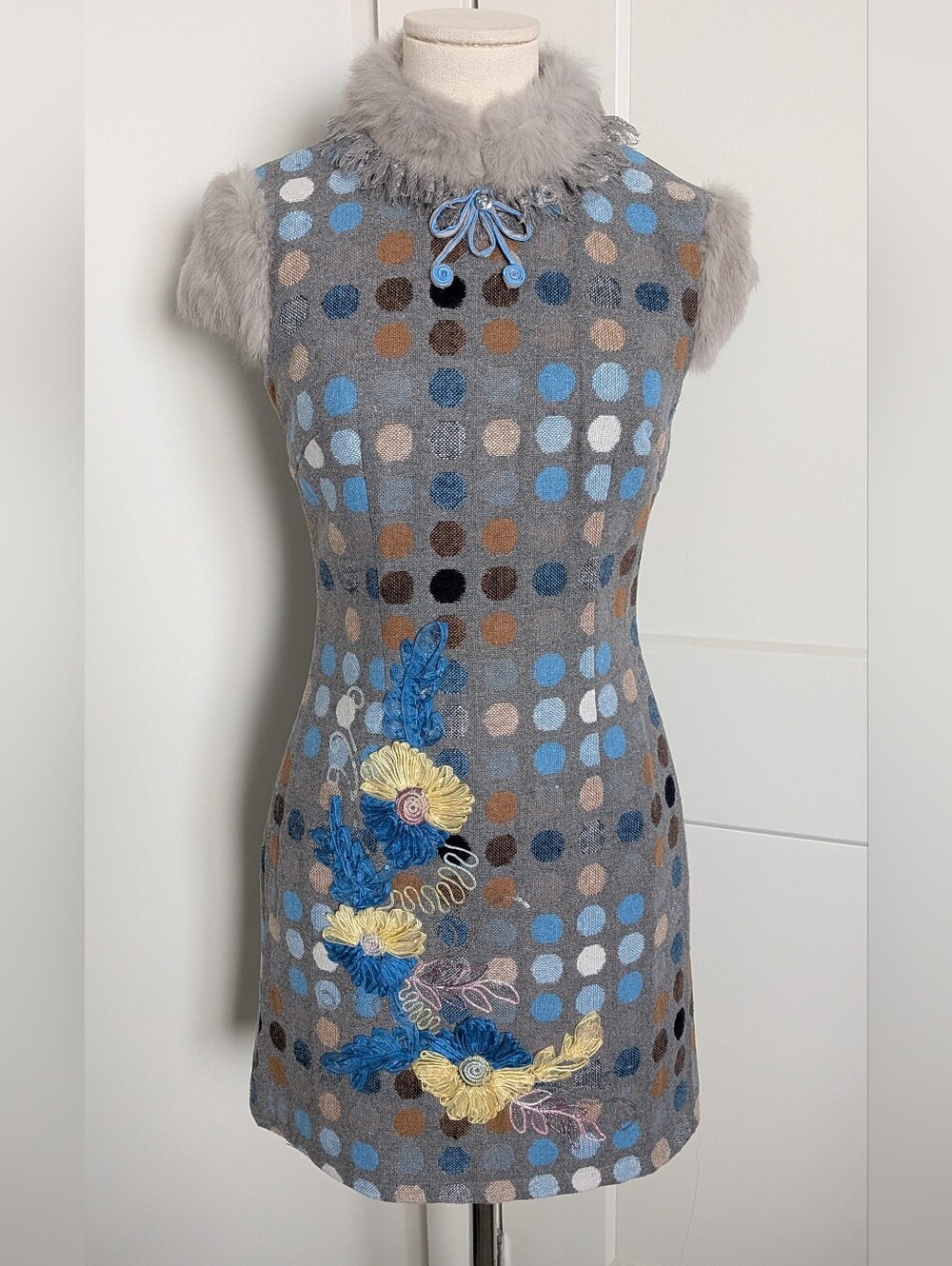 East Noble Wool Blend Faux Fur Cheongsam Qipao Floral Mini Dress M